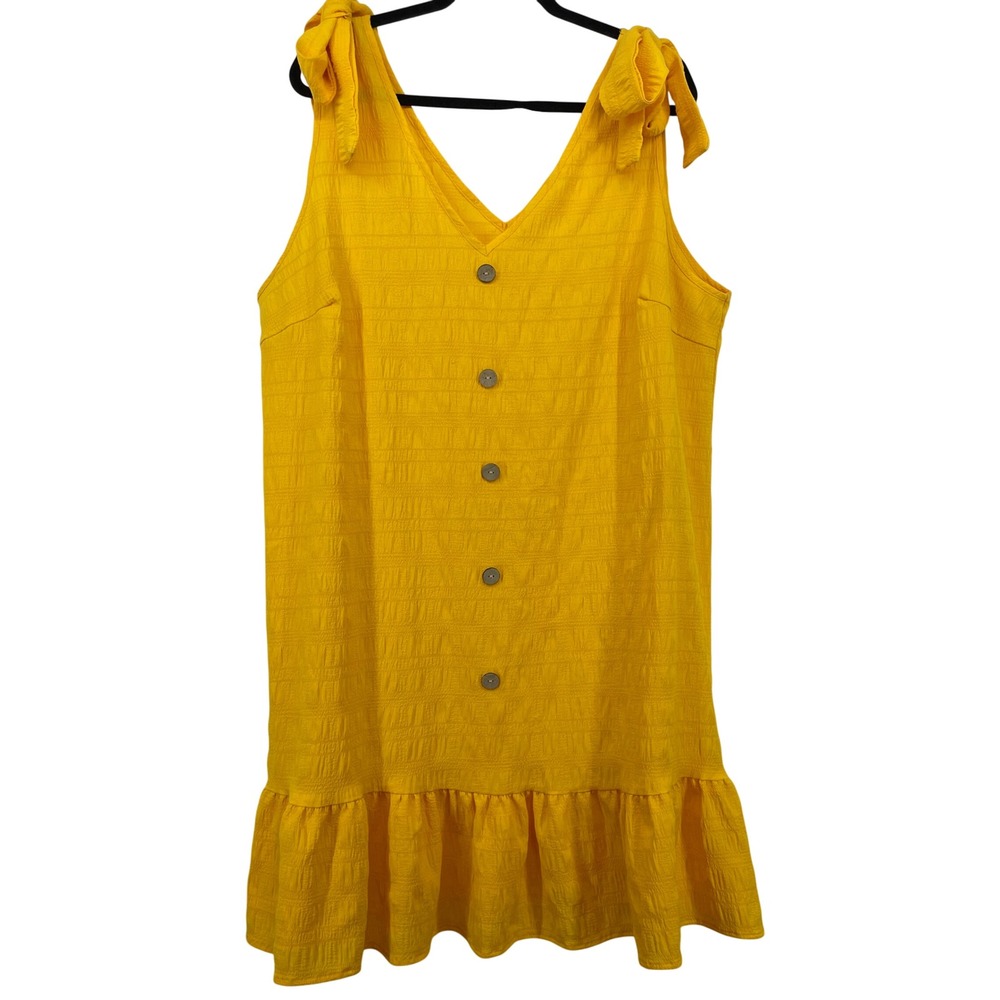 SHEIN Women Plus Size 3XL Mini Dress Yellow Tie Shoulder‎ Ruffle Hem Textured